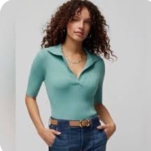 White House Black Market Tops - White House Black Market Teal Ribbed Knit Polo Top Size S Preppy Chic Workwear